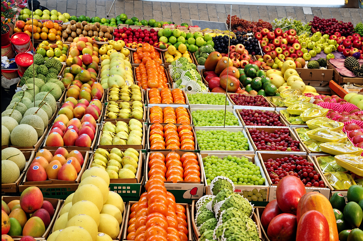 Frutas coloridas e preservadas em uma feira